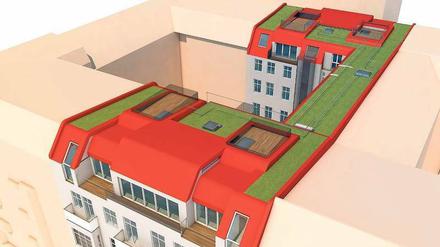 Eine Dachaufstockung in der Immanuelkirchstraße. An dem Projekt sieht man, wie Dachaufbauten die Dachlandschaft nivellieren können – einer der Vorteile dieser Bauweise.