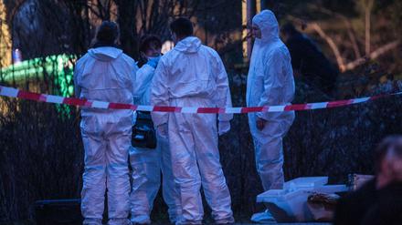 Am Fundort: Kriminaltechniker untersuchen auf diesem Foto vom 8. März die Parkanlage an der Ruschestraße, in der ein Spaziergänger eine Babyleiche gefunden hatte.
