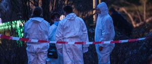 Am Fundort: Kriminaltechniker untersuchen auf diesem Foto vom 8. März die Parkanlage an der Ruschestraße, in der ein Spaziergänger eine Babyleiche gefunden hatte.