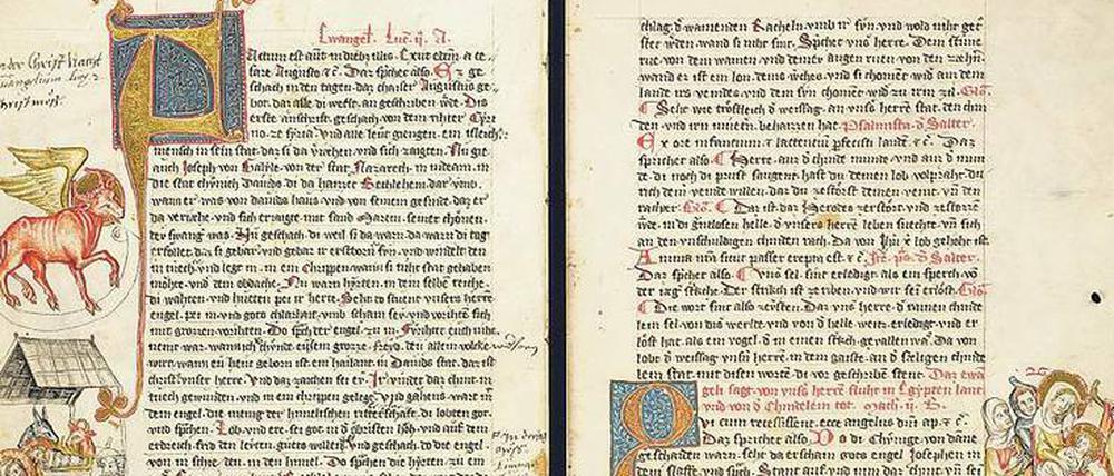 Eine bunt bebilderte alte Handschrift.