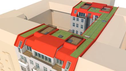 Eine Dachaufstockung des Büros 231 Architekten in der Immanuelkirchstraße. An dem Projekt sieht man, wie Dachaufbauten die Dachlandschaft nivellieren können.