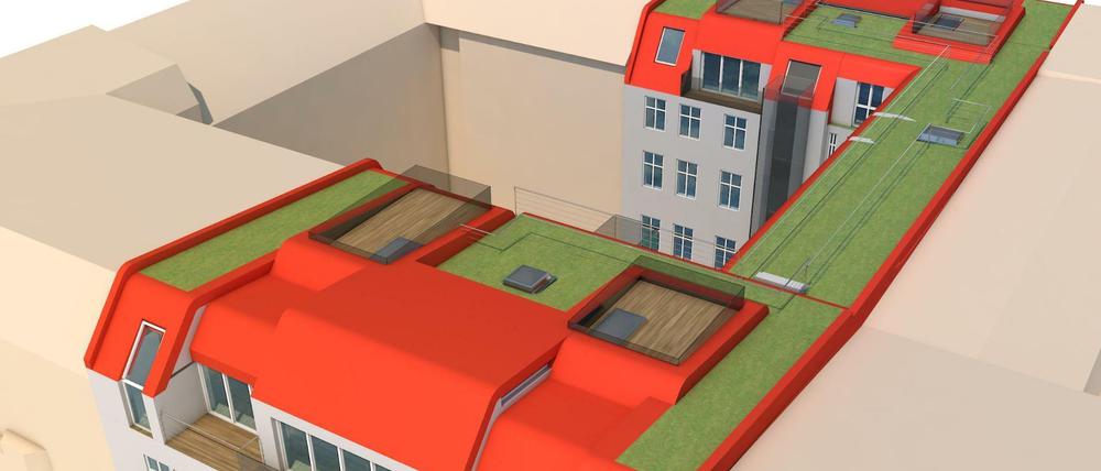 Eine Dachaufstockung des Büros 231 Architekten in der Immanuelkirchstraße. An dem Projekt sieht man, wie Dachaufbauten die Dachlandschaft nivellieren können.