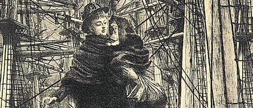 Nicht alle sind freiwillig unterwegs. Die Radierung und Kaltnadel „Emigranten“ stammt von James Tissot, 1880.