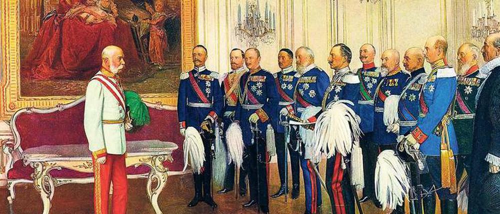 Die Huldigung der deutschen Bundesfürsten zum 60-jährigen Regierungsjubiläum Kaiser Franz Josephs (links) am 7. Mai 1908 im Schloss Schönbrunn.
