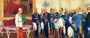 Die Huldigung der deutschen Bundesfürsten zum 60-jährigen Regierungsjubiläum Kaiser Franz Josephs (links) am 7. Mai 1908 im Schloss Schönbrunn.