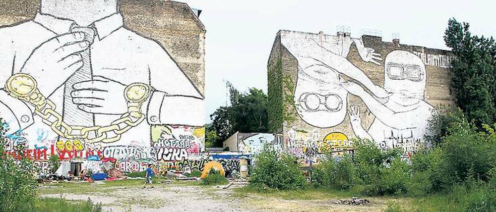 Symbol des Kiez-Protestes. Die Cuvrybrache wurde 2014 wurde geräumt. Kurze Zeit später übermalten Berliner Künstler die berühmten Graffiti des Street-Art-Künstlers Blu – mit dessen Einverständnis.