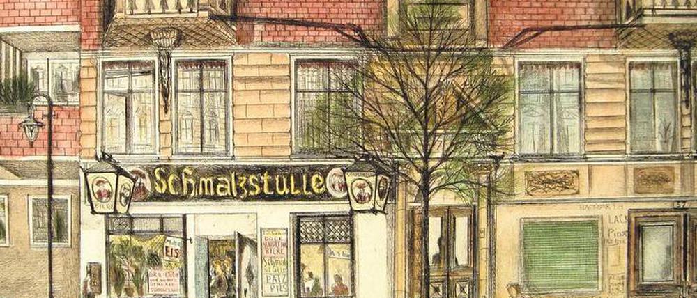 Gemalte Ehrlichkeit. Eberhard Franke malte Alltagsszenen, vor allem in Schöneberg, wo er wohnte. Zum Beispiel die Eckkneipe „Schmalzstulle“ in der Großgörschenstraße. 