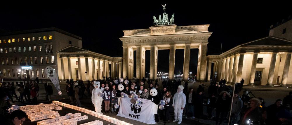 Vor wenigen Tagen sind zum zehnten Mal die Beleuchtungen berühmter Gebäude während der sogenannten "Earth Hour" für eine Stunde abgeschaltet worden. Die Umweltstiftung WWF koordiniert dieses weltweiten Aktionstag wie hier am Brandenburger Tor in Berlin seit Jahren - es ist die wohl größte Klimademonstration des Jahres.