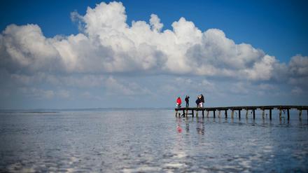 Ausflügler stehen auf einem Steg am Jadebusen in Dangast im Landkreis Friesland und schauen über das Meer. 