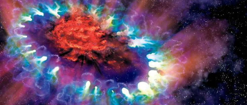 Kosmisches Feuerwerk. In der Abbildung sind Messdaten zusammengeführt, die bei einer Supernova aus dem Jahr 1987 erhoben wurden. Sie ereignete sich rund 150 000 Lichtjahre von der Erde entfernt in der Großen Magellanschen Wolke.