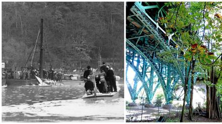Einsatz an der Stößenseebrücke. Links eine Archivaufnahme, rechts die Stößenseebrücke, über der die Heerstraße verläuft.