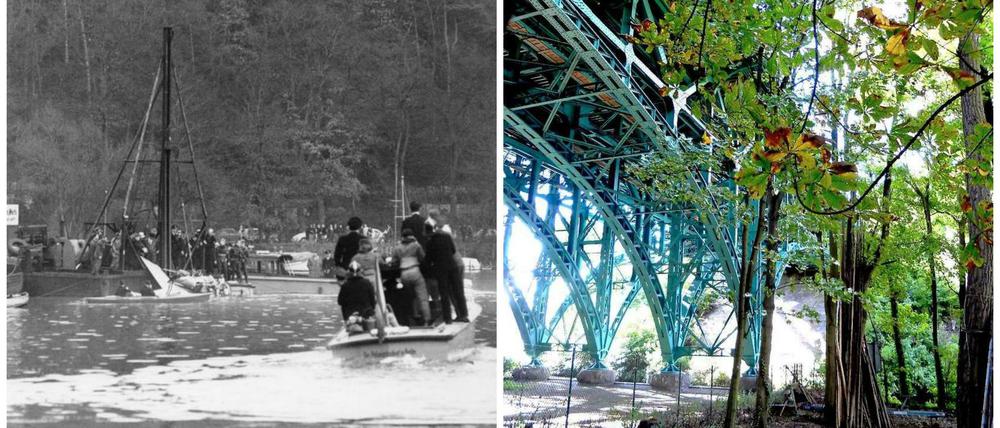 Einsatz an der Stößenseebrücke. Links eine Archivaufnahme, rechts die Stößenseebrücke, über der die Heerstraße verläuft.