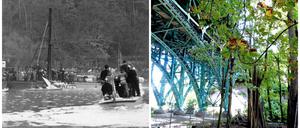 Einsatz an der Stößenseebrücke. Links eine Archivaufnahme, rechts die Stößenseebrücke, über der die Heerstraße verläuft.