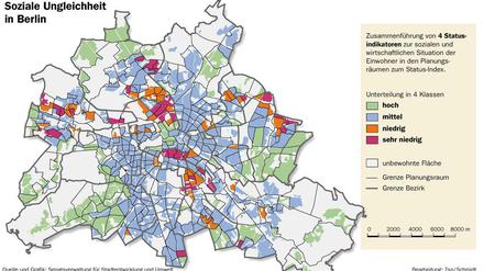 Verteilung der sozialen Ungleichheit in Berlin (Klick auf das Bild vergrößert die Grafik).