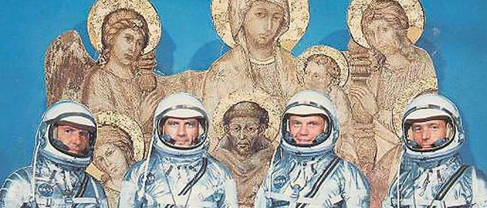 Helden des Himmlischen. Aleksandra Mir kombiniert ihrer Collage „Astronaut #09-054“ Heilige und Weltraumfahrer.  