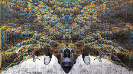 Der Blick in den Himmel: statt Inspiration sieht man Bomber. Stempelbild des saudischen Künstlers Abdulnasser Gharem aus der Ausstellung "Ricochet".