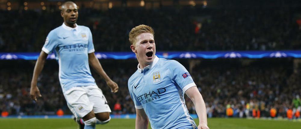 Kevin de Bruyne bejubelt sein Tor zum 1:0 - und den Halbfinaleinzug mit ManCity.
