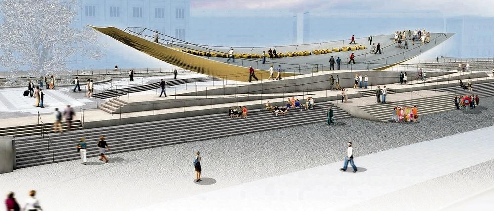 Die Computergrafik zeigt den gemeinsamen Entwurf der Choreographin Sasha Waltz und der Stuttgarter Szenografen Milla & Partner für das in Berlin geplante Freiheits- und Einheitsdenkmal - das nun nicht errichtet wird.