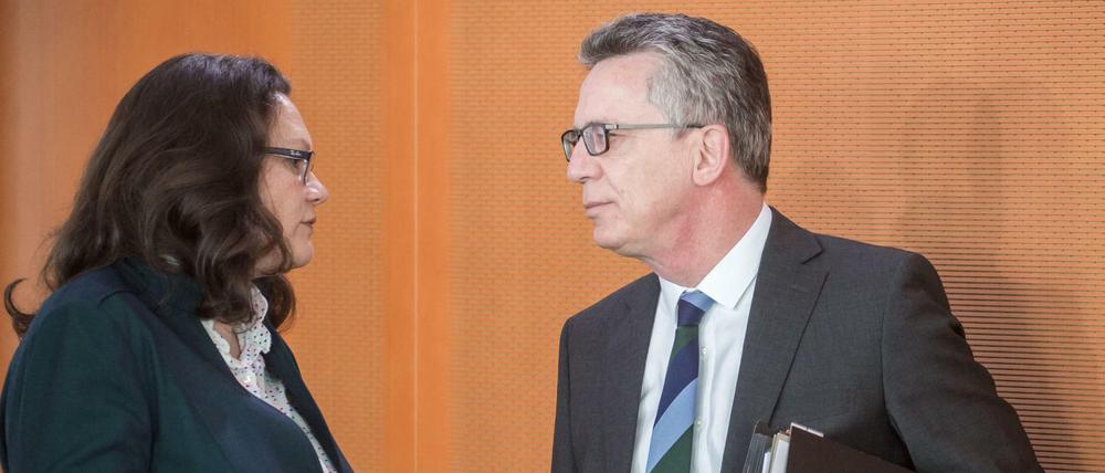 Die Bundesministerin für Arbeit und Soziales Andrea Nahles (SPD, l), Bundesinnenminister Thomas de Maiziere (CDU). 