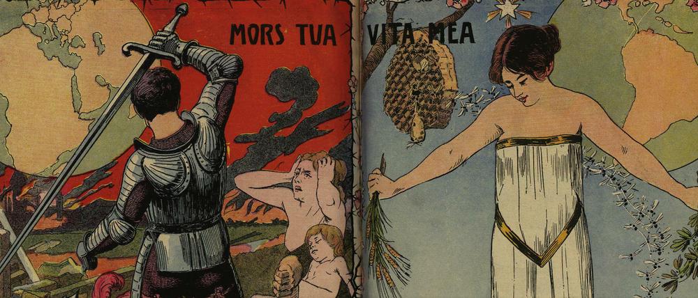 "Mors tua vita mea - Dein Tod ist mein Leben“ – die Zeichnung von José Foradori vom Herbst 1914 stellt die Grausamkeit Europas einem friedlichen Lateinamerika gegenüber. Dort war nach Ende des Ersten Weltkrieges die Hoffnung auf eine Neuordnung der Welt groß.