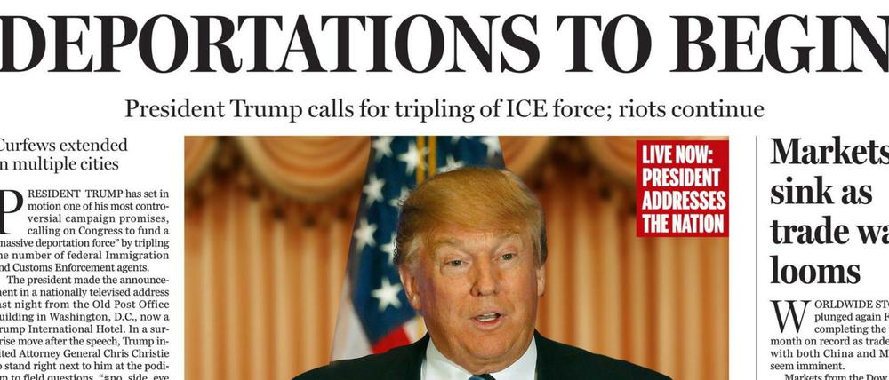Die US-Zeitung "Boston Globe" mit einer fiktiven Ausgabe, bei der es Donald Trump geschafft hat, US-Präsident zu werden.