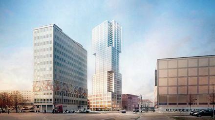 Hoch hinaus am Alex. Dieser Wohnturm wird der erste des geplanten Hochhaus-Ensembles sein. Jedes Stockwerk hat eine Fläche von 1350 Quadratmetern. 