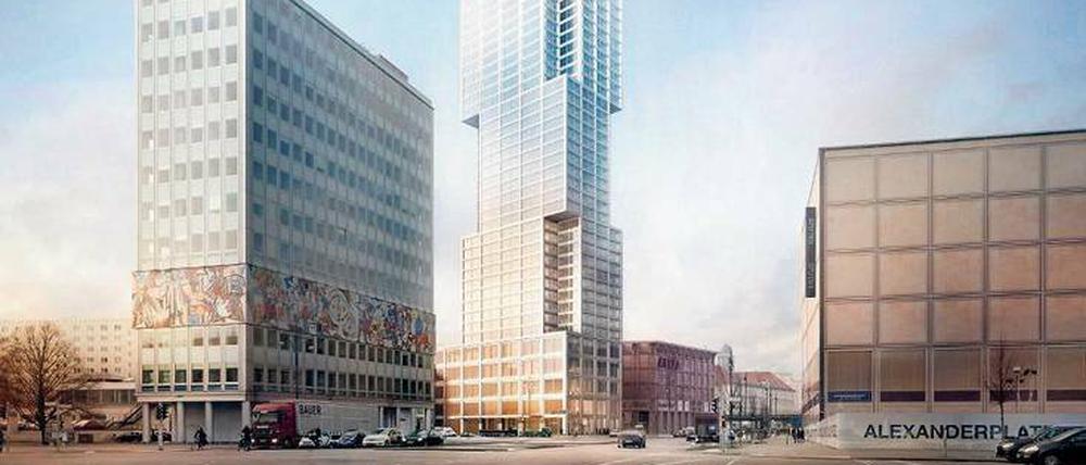 Hoch hinaus am Alex. Dieser Wohnturm wird der erste des geplanten Hochhaus-Ensembles sein. Jedes Stockwerk hat eine Fläche von 1350 Quadratmetern. 