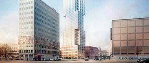 Hoch hinaus am Alex. Dieser Wohnturm wird der erste des geplanten Hochhaus-Ensembles sein. Jedes Stockwerk hat eine Fläche von 1350 Quadratmetern. 
