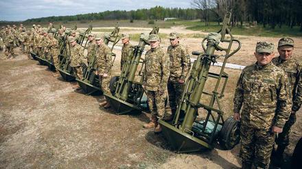 Aufstellung genommen. Ukrainische Soldaten bei einem Besuch ihres Präsidenten Poroschenko am Dienstag. 