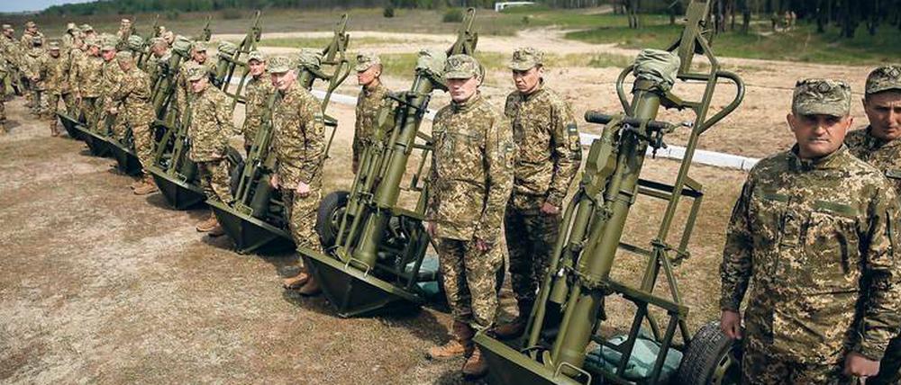 Aufstellung genommen. Ukrainische Soldaten bei einem Besuch ihres Präsidenten Poroschenko am Dienstag.