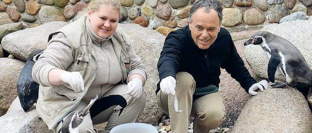 Einfach mal hinhalten. Tierpflegerin Cindy Quade zeigt dem Eintagespraktikanten, wie das geht. 