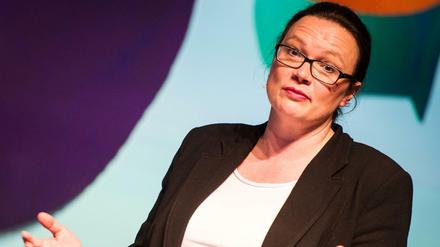 Bundesarbeitsministerin Andrea Nahles (SPD) spricht auf der re:publica in Berlin.