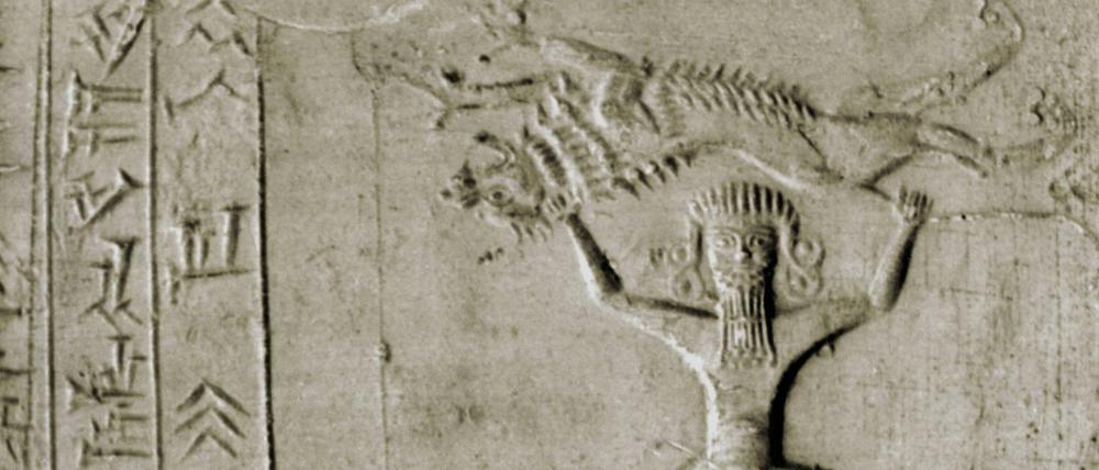 Siegel aus Mesopotamien aus dem 9. Jahrhundert v. Chr. Es zeigt Gilgamesch, der einen Löwen stemmt.