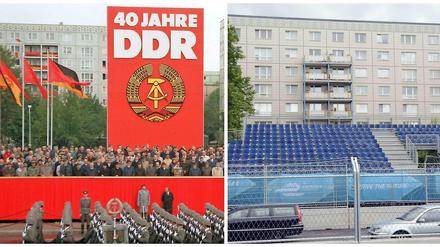 Tribüne frei. Schon lange vor dem Formel-E-Rennen standen in der Karl-Marx-Allee schon Podeste.