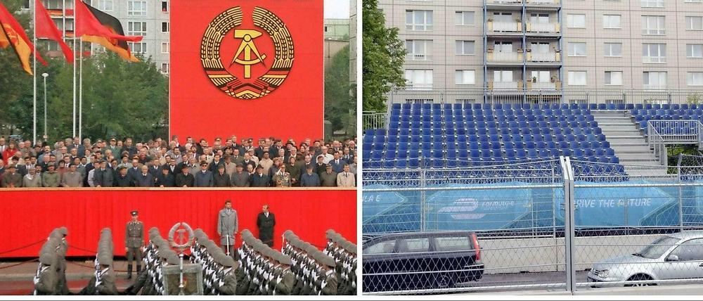 Tribüne frei. Schon lange vor dem Formel-E-Rennen standen in der Karl-Marx-Allee schon Podeste.