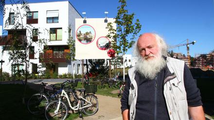 Burkhard Zimmermann, Vorsitzender der SPD Dahlem, wohnt wegen der günstigeren Mieten in Wilmersdorf... Hier steht er im "Fünf Morgen Dahlem Urban Village".