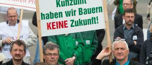 Bauern halten am 26.05.2016 während einer Demonstration gegen den drastischen Preisverfall bei Milch und Fleisch vor dem Landtag in Dresden (Sachsen) ein Schild mit der Aufschrift "Ohne effiziente Kuhzunft haben wir Bauern keine Zukunf". 