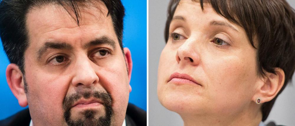 Eine Kombo zeigt den Vorsitzenden des Zentralrats der Muslime, Aiman Mazyek (am 04.02.2015 in Berlin, l) und die Vorsitzende der Partei AfD, Frauke Petry, (am 13.02.2016 in Düsseldorf). 