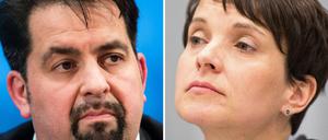 Eine Kombo zeigt den Vorsitzenden des Zentralrats der Muslime, Aiman Mazyek (am 04.02.2015 in Berlin, l) und die Vorsitzende der Partei AfD, Frauke Petry, (am 13.02.2016 in Düsseldorf). 