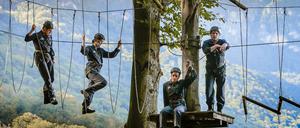 Frederik Schopner (Volker Bruch), Yvonne von Geseke (Vicky Krieps), Michel Grandier (Stefan Konarske) und Marco Kretsch (Sascha Gersak, v.l.) in "Outside the Box".