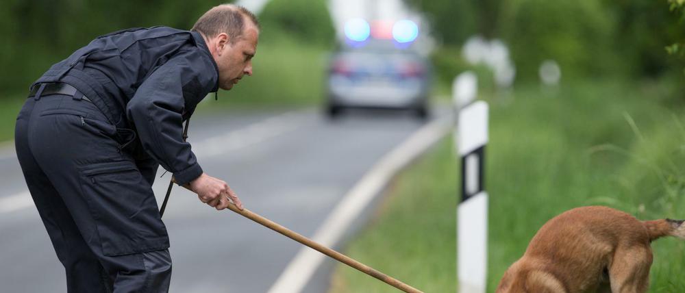 Leichenspürhund Sunny und Hundeführer Ulrich Hitzemann suchen am Montag an einer Straße in Höxter-Bosseborn (Nordrhein-Westfalen) nach Spuren der ermordeten Anika F.. Ein Paar aus der Stadt in Ostwestfalen soll mehrere Frauen auf seinem Gehöft grausam misshandelt haben - mindestens zwei Opfer starben.