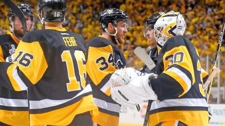 Das hat schon mal geklappt. Tom Kühnhackl (34) mit Pittsburghs Torwart Matt Murray.