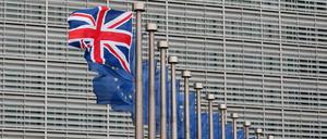 Union Jack und Europa-Flaggen in Brüssel. 