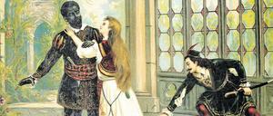 Ein schwarzer Mann steht mit einer weißen Frau zusammen, ein anderer ergreift ihr auf dem Boden liegendes Taschentuch.