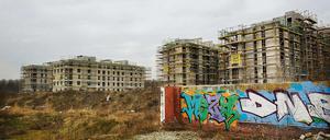 Leerstand im Park am Gleisdreieck - die vier ersten von 14 Häusern stehen im Rohbau.