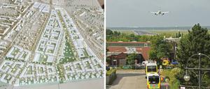 Wenn TXL einmal geschlossen wird. Wohnungen für 5000 Menschen (links, weiße Blöcke) sollen dort im Osten des Flughafens einmal entstehen. Das Quartier zieht sich vom Terminal bis zum Schumacher-Platz (rechts), wo heute die Busse enden.