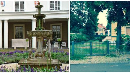 Links der Brunnen im Rathaus, rechts der neue Standort am Kladower Forum - dahinter ist die Bushaltestelle am Dorfplatz zu erkennen.