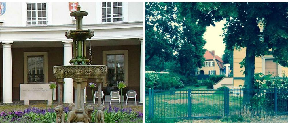 Links der Brunnen im Rathaus, rechts der neue Standort am Kladower Forum - dahinter ist die Bushaltestelle am Dorfplatz zu erkennen.