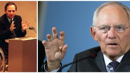 Wolfgang Schäuble 1991 bei seiner Rede für Berlin (links) und 2016 vor der Bundespressekonferenz - in Berlin.