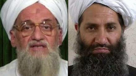 Der Chef des Terrornetzwerkes Al Qaida, Aiman al Sawahiri (l.), und der neue afghanische Talibanchef Mullah Haibatullah Achundsada.